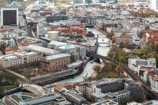 Berlin, Germany: April 19, 2022: Museum island and panoramic landscape from tv tower.