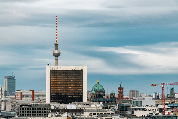 Berlin, Germany: April 20, 2022:panoramic television tower overlooking the cathedral and berliner dome.