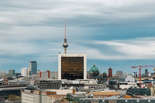 Berlin, Germany: April 20, 2022:panoramic television tower overlooking the cathedral and berliner dome.