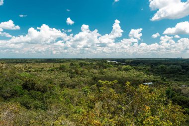 La Macarena Ulusal Parkı 'nda mavi gökyüzü ve bitki örtüsüyle panoramik manzara. Kolombiya.
