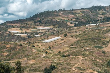 Villa de Leyva, Boyaca, Kolombiya 'ya giden çöl manzarası yolu..