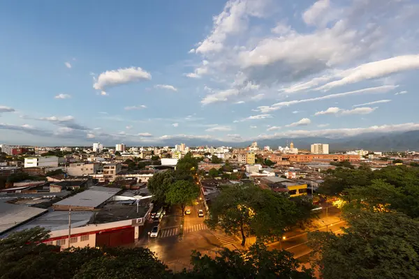 stock image Neiva, Huila, Colombia. May 2019: Panoramic city landscape at night and sky. Streets and lights.