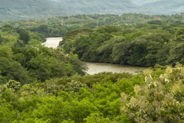 Magdalena nehrinin kıyısında mavi botlu panoramik manzara. Neiva, Kolombiya. 