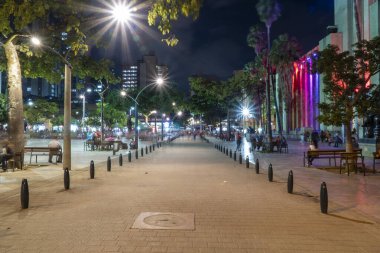 Medellin, Antioquia, Kolombiya. 13 Ocak 2020: Botero Meydanı 'ndaki renkli ve kentsel manzara.