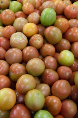 Piyasada yeşil ve kırmızı domates yığını.