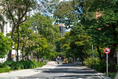 Medellin, Antioquia, Colombia. July 20, 2020: La Playa avenue and bike lane in quarantine days.