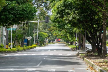 Medellin, Antioquia, Colombia. July 20, 2020: Nutibara avenue with green corridor in quarantine days.