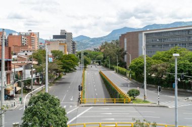 Medellin, Antioquia, Colombia. July 20, 2020: Nutibara avenue with green corridor in quarantine days.