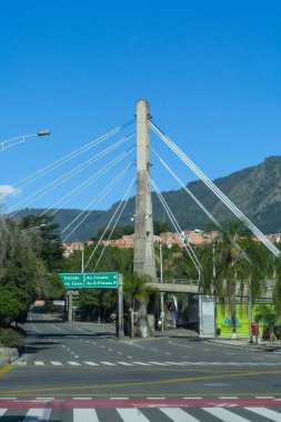 Medellin, Antioquia, Colombia. July 18, 2020: Light structures to illuminate the square at night and blue sky.