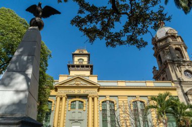 Medellin, Antioquia, Colombia. July 18, 2020:Church of San Ignacio and Paraninfo of the University of Antioquia. Beautiful blue sky