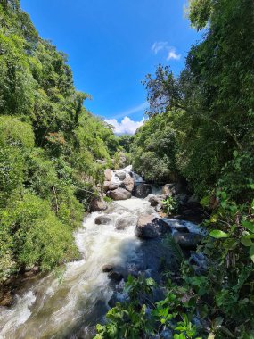 Mavi gökyüzü ile Cartama nehrinin manzarası. Nehirdeki taşlar. Tamesis, Antioquia, Kolombiya. 