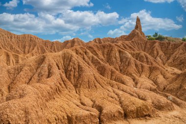 Jeolojik oluşumları ve Kızıl Çölde yeşil kaktüsleri olan doğal manzara. Huila, Kolombiya.