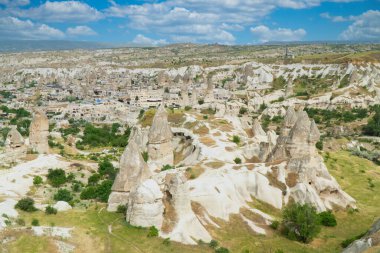 Büyük taşlardan ve ağaçlardan oluşan kapadokya manzarası. Türkiye. 