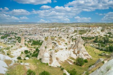 Büyük taşlardan ve ağaçlardan oluşan kapadokya manzarası. Türkiye. 