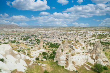 Büyük taşlardan ve ağaçlardan oluşan kapadokya manzarası. Türkiye. 