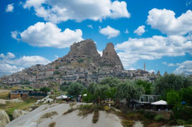 Büyük taşlardan ve ağaçlardan oluşan kapadokya manzarası. Türkiye. 