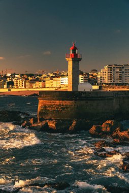 Douro Nehri 'ne bakan Las Felgueiras Deniz Feneri. Porto, Portekiz. 
