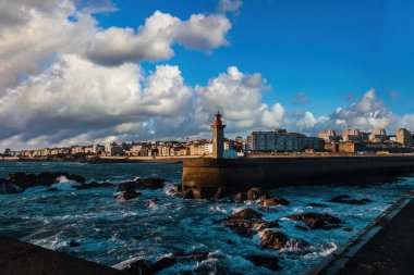 Douro Nehri 'ne bakan Las Felgueiras Deniz Feneri. Porto, Portekiz. 