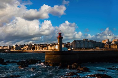 Douro Nehri 'ne bakan Las Felgueiras Deniz Feneri. Porto, Portekiz. 