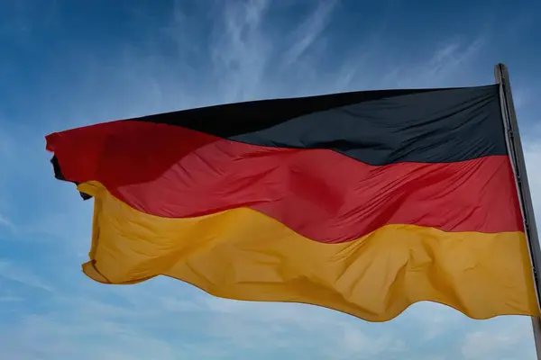 Σημαία Της Γερμανίας Πρώτο Πλάνο Που Φυσάει Από Τον Άνεμο Φωτογραφία Αρχείου