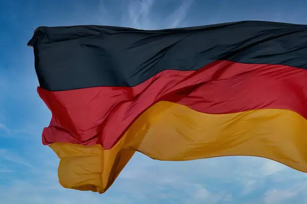 Bandera Alemania Primer Plano Soplada Por Viento Berlín Alemania Imagen De Stock