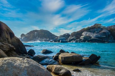 Santa Marta, Magdalena, Kolombiya. 21 Ocak 2013: Kulübe ve plaj Cabo San Juan del Guia.