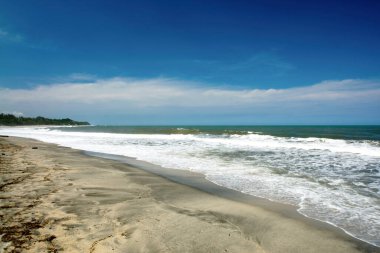 Tayrona Ulusal Parkı 'nın mavi gökyüzü manzaralı plajları. Santa Marta Kolombiya.