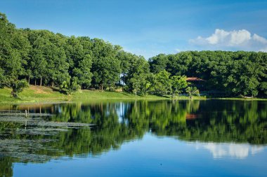 Gökyüzünün güzel manzarası nehir suyuna yansıyor. Kolombiya.