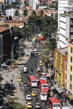 Medellin, Antioquia, Colombia. January 17, 2024: Streets and buildings in the city center with the Medellin metro. clipart