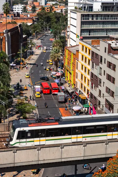 Stock image Medellin, Antioquia, Colombia. January 17, 2024: Streets and buildings in the city center with the Medellin metro.