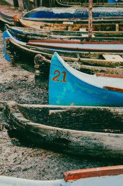 Texture and colors of boats on the beach shore. Colombia.