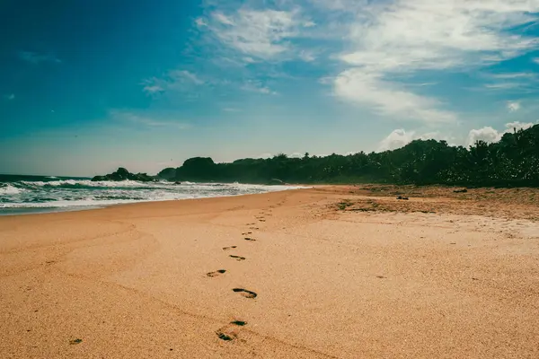 Okyanus manzaralı güzel bir manzara ve Tayrona Parkı sahillerinde mavi gökyüzü. Santa Marta, Kolombiya.