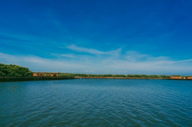 Mallorqun bataklığı iskele ve mavi gökyüzünden görüldü. Barranquilla, Atlantico, Kolombiya.