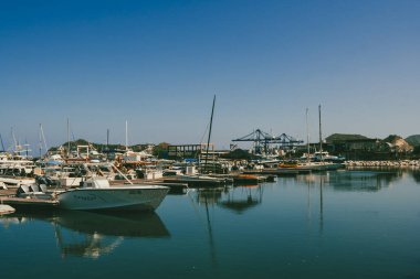 Santa Marta, Magdalena, Kolombiya. 19 Eylül 2024: Santa Marta marinası ve beyaz tekneler manzaralı manzara.