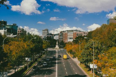Madrid, İspanya. 3 Kasım 2024: Sonbahar ağaçları ve mavi gökyüzü ile Castellana gezinti alanı.