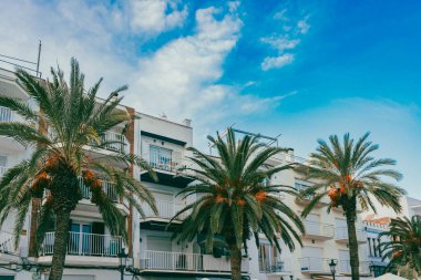 Sitges, Barselona, İspanya. 1 Kasım 2024: San Sebastian sahilindeki eski kasabanın manzarası.