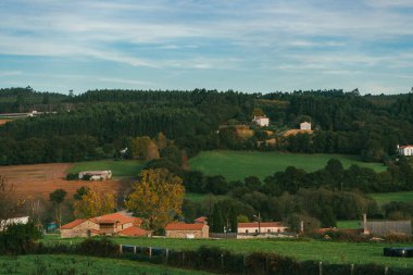 Sahne: Melide - Arza Fransız güzergahında güzel kırsal manzaralar ve güzel ormanlarla. İspanya.