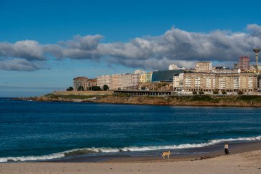 La Coruna, İspanya. 11 Kasım 2024: Orzan sahilinde mavi gökyüzü ve binalar.