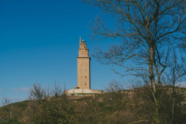 La Corua, İspanya. 11 Kasım 2024: Herkül Kulesi manzaralı doğal manzara.