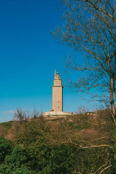 La Corua, İspanya. 11 Kasım 2024: Herkül Kulesi manzaralı doğal manzara.