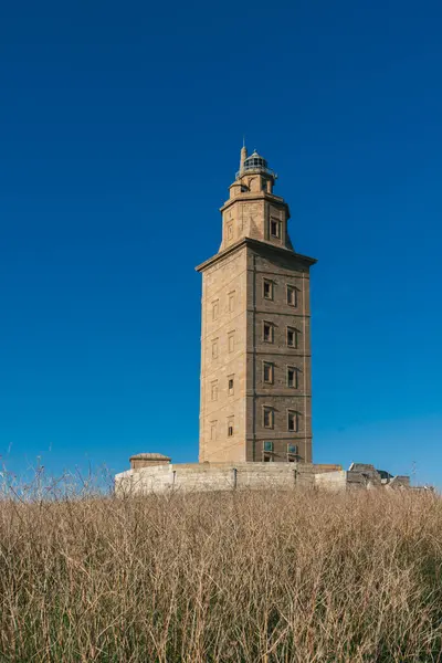 La Corua, İspanya. 11 Kasım 2024: Herkül Kulesi manzaralı doğal manzara.