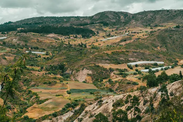Villa de Leyva, Boyaca, Kolombiya 'ya giden çöl manzarası yolu..
