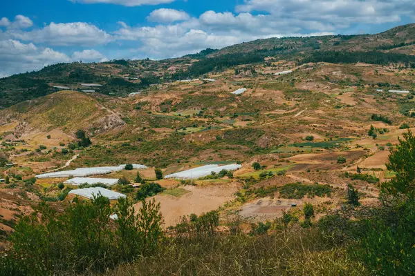 Villa de Leyva, Boyaca, Kolombiya 'ya giden çöl manzarası yolu..