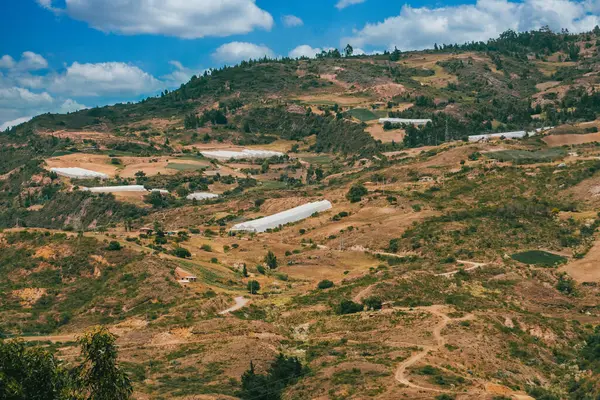 Villa de Leyva, Boyaca, Kolombiya 'ya giden çöl manzarası yolu..