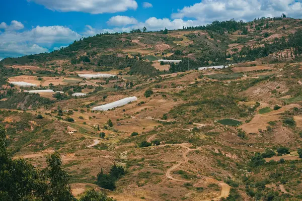 Villa de Leyva, Boyaca, Kolombiya 'ya giden çöl manzarası yolu..