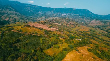 Cerro tusa 'nın mavi gökyüzü manzarası. Venedik Belediyesi' nin manzarası. Piramit şekliyle dünyada eşi benzeri olmayan bir dağ olan Cerro Tusa tarafından yönetiliyor. Venedik, Antioquia, Kolombiya.