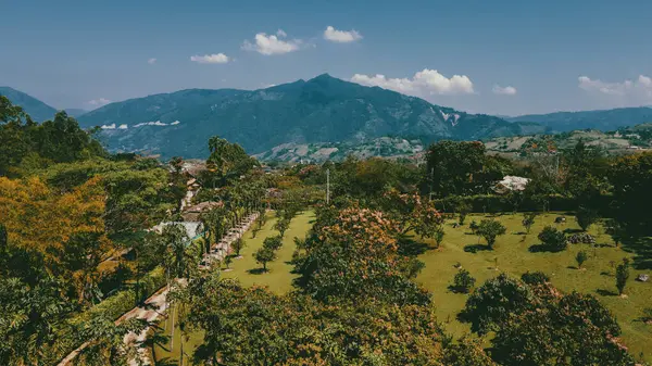 Cerro tusa 'nın mavi gökyüzü manzarası. Venedik Belediyesi' nin manzarası. Piramit şekliyle dünyada eşi benzeri olmayan bir dağ olan Cerro Tusa tarafından yönetiliyor. Venedik, Antioquia, Kolombiya.