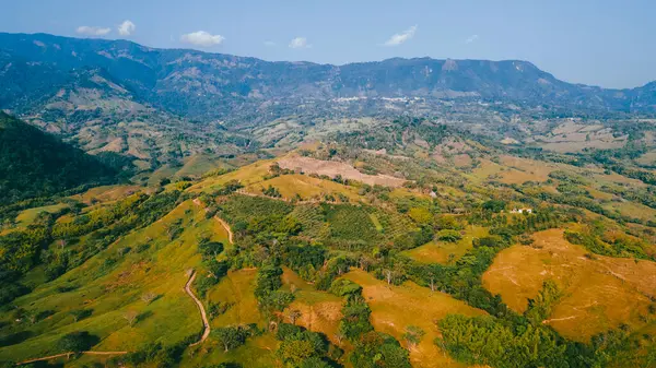 Cerro tusa 'nın mavi gökyüzü manzarası. Venedik Belediyesi' nin manzarası. Piramit şekliyle dünyada eşi benzeri olmayan bir dağ olan Cerro Tusa tarafından yönetiliyor. Venedik, Antioquia, Kolombiya.