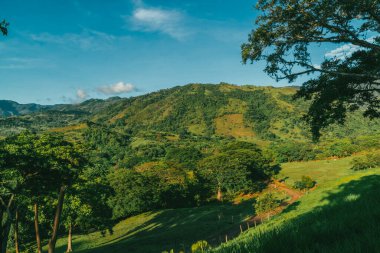 Tamesis 'teki panoramik manzara. Mavi gökyüzü ve ufukta dağ var. Kolombiya. 