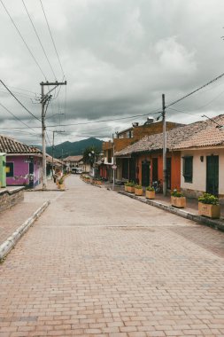 Nemocon, Cundinamarca, Colombia. July 2, 2021: Facade of San Francisco de Ass church and blue sky.